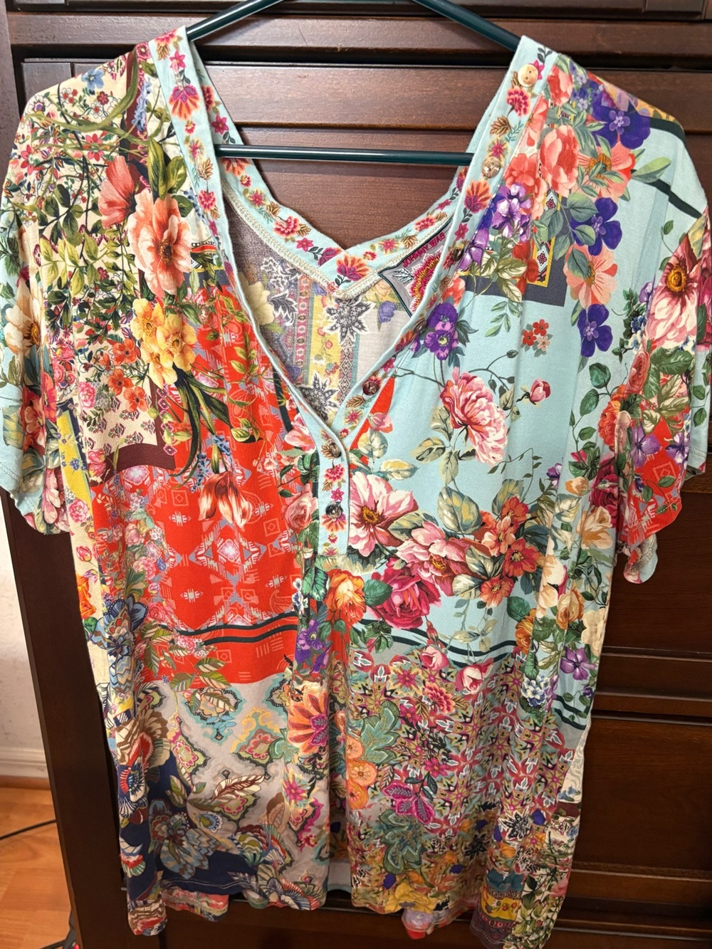 Johnny Was Multicolor Floral Patchwork V-Neck Top